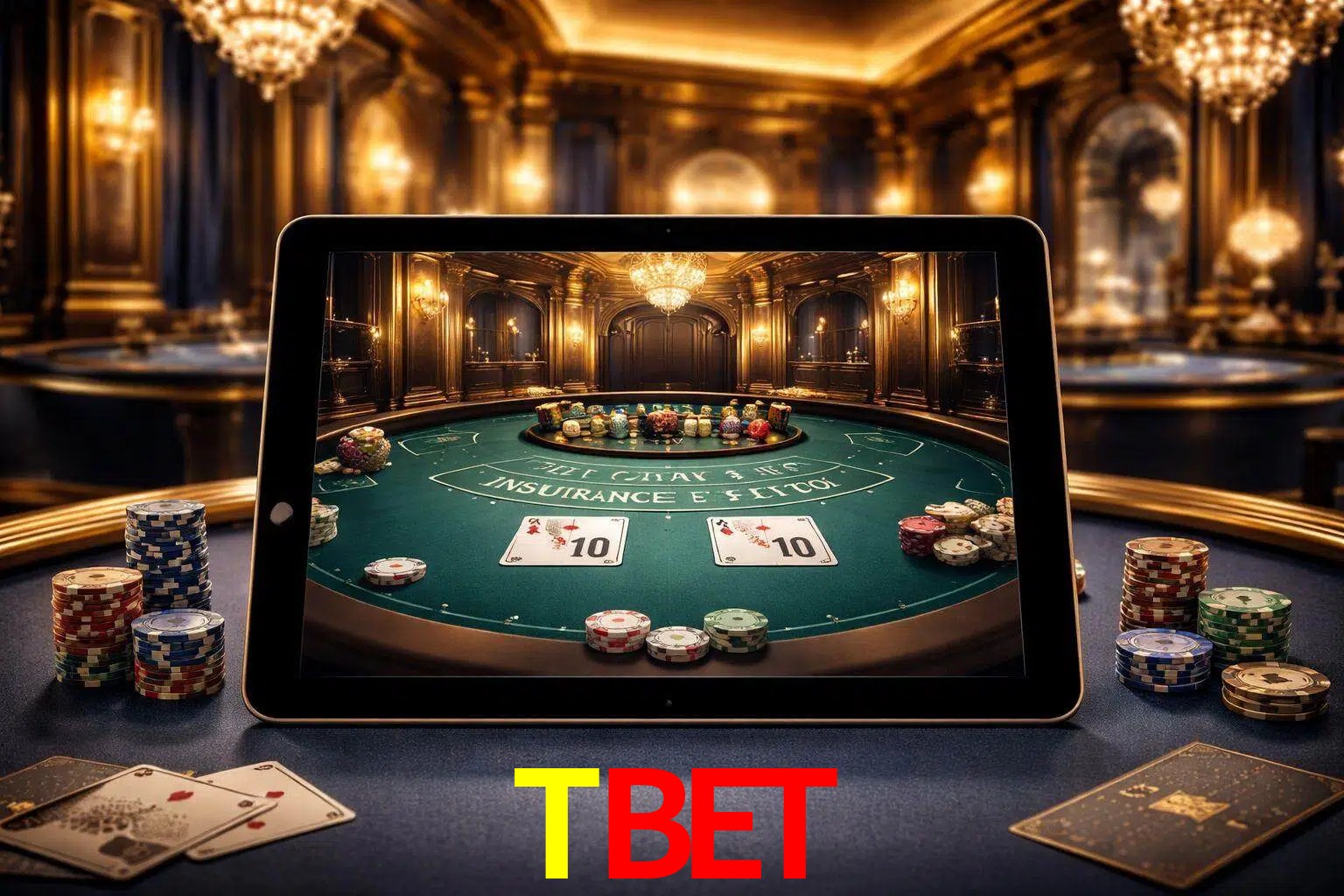 Configuración moderna de casino en vivo con una tableta mostrando una mesa de blackjack, luces cálidas de estudio y una atmósfera elegante de juegos digitales.